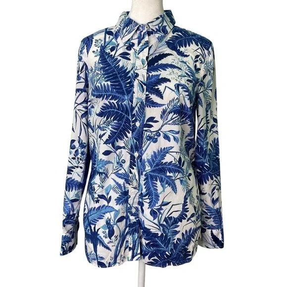 Talbots Cotton Blue & White Fern Print Button Down Shirt Polka Dot Cuff (Size S) - Picture 2 of 10